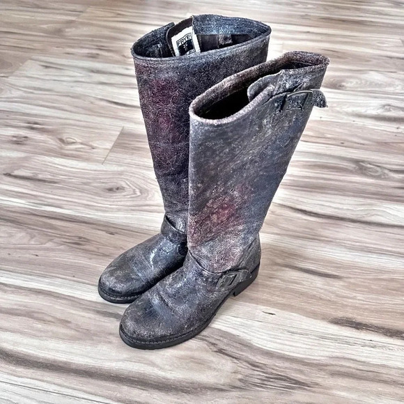 FRYE | Veronica Slouch Boot Chocol Crackle Leather Knee High Moto | Size 6.5 - Picture 2 of 8